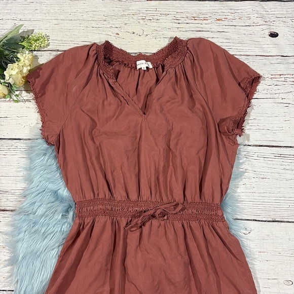Bella Dahl Smocked Waist Raw Hem Rust Tencel Mini Dress - Picture 6 of 8